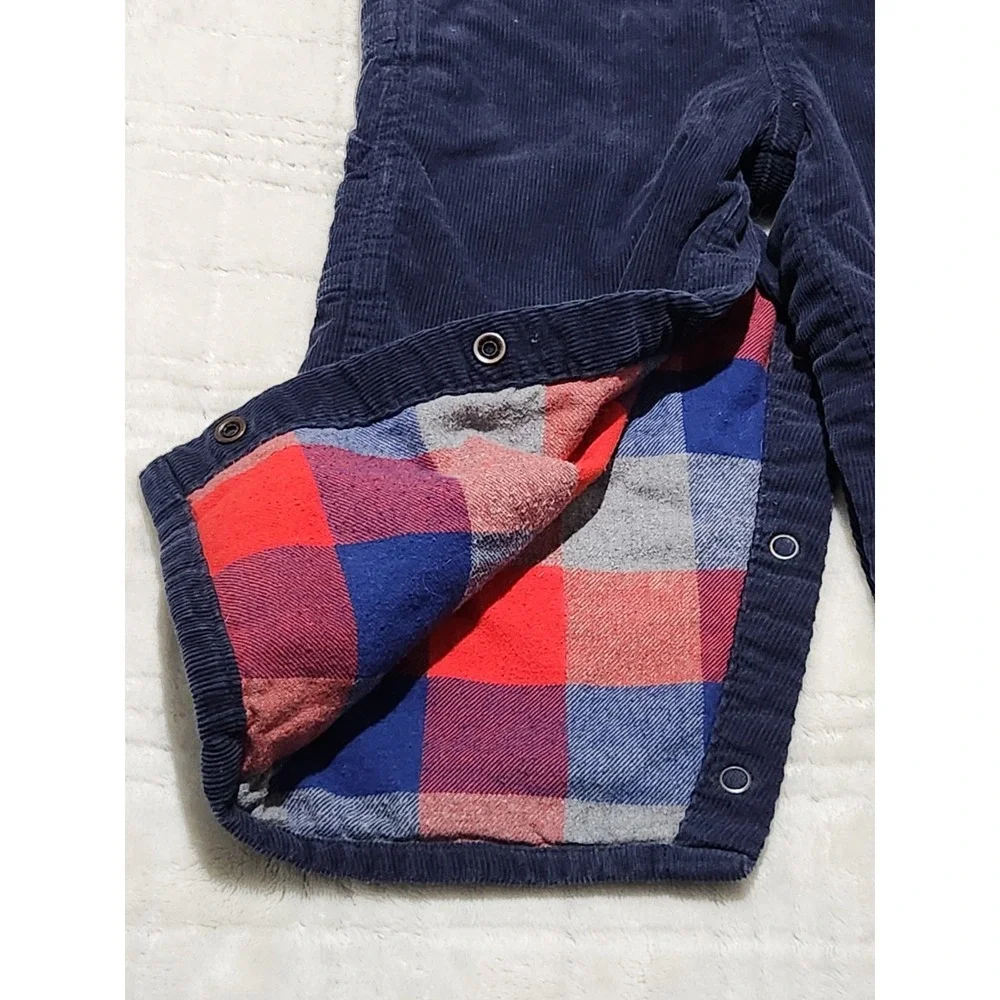 OSHKOSH B'GOSH‎ Navy Blue Corduroy Plaid Flannel Lined Overalls Kids 24M Vintage